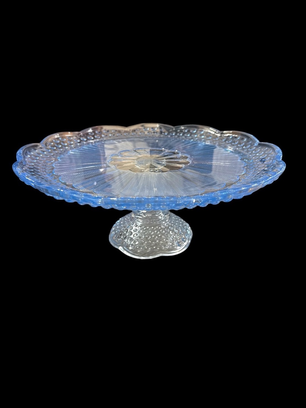 Vintage Gorham Crystal Emily's Attic Blue Hobnail Pedestal Cake Stand 13"